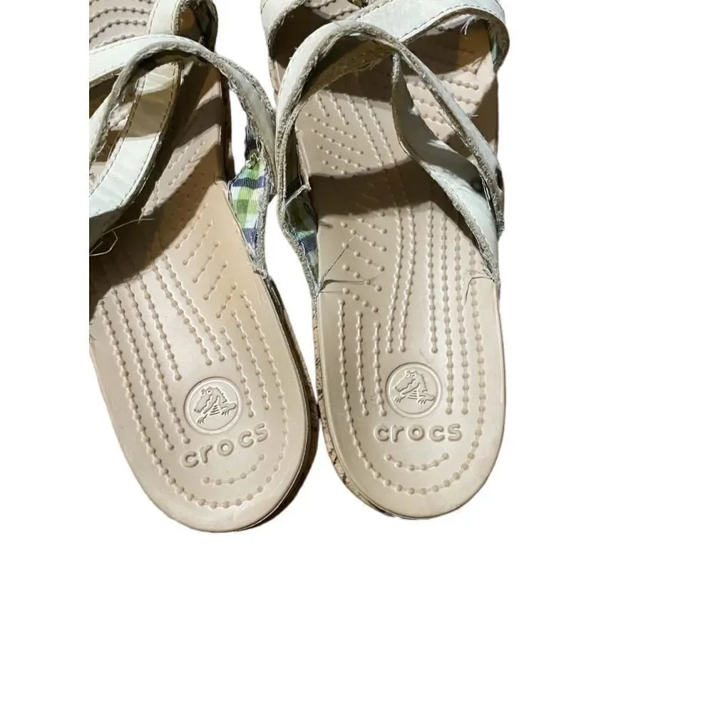 Crocs Leigh Cork Beige Wedge sandals Leather Straps Womens‎